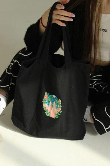 Легкая сумка шоппер из льна с ручной росписью Planet