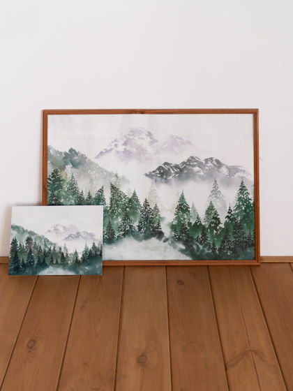 Акварельная картина "Туманные горы в лесу", репродукция