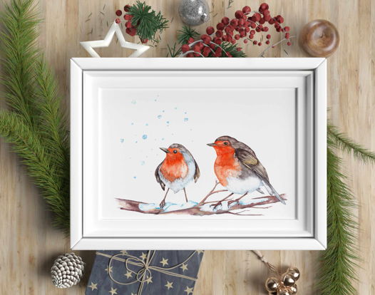 Лесные птички зарянки (малиновки) и падающий первый снег. Акварельная иллюстрация. Формат А4.