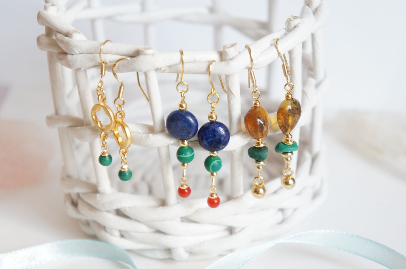 Серьги ляпис лазурит малахит сердолик