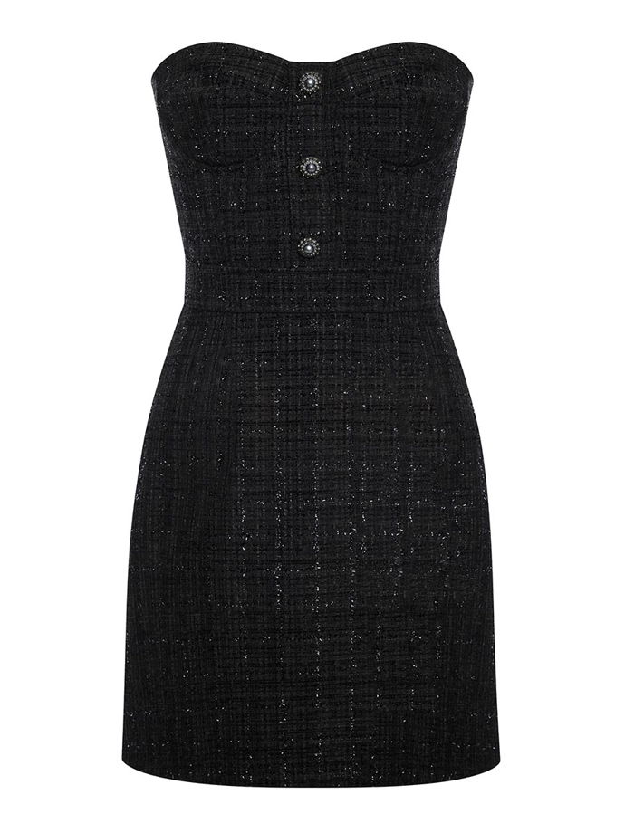 Вечернее платье-бандо мини из твида с люрексом