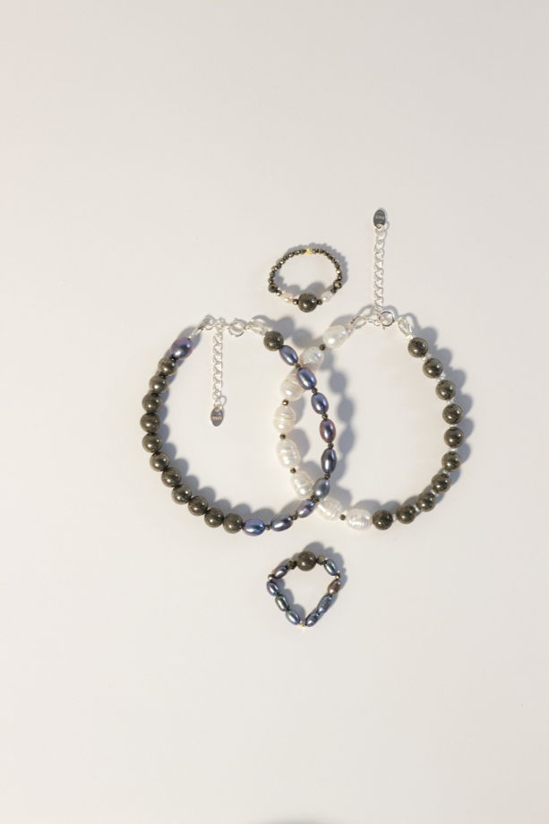 Комплект браслетов и колец из натурального жемчуга и пирита  PYRITE & PEARL