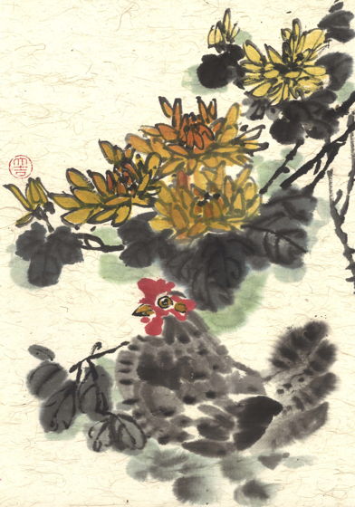 "Курочка под хризантемой", картина в традиционном китайском стиле се-и (21* 30 см)