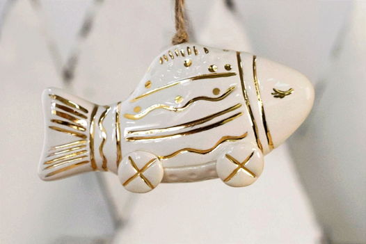 Керамическая ёлочная игрушка ручной работа - РЫБКА. Золотая коллекция TAVOLGA.