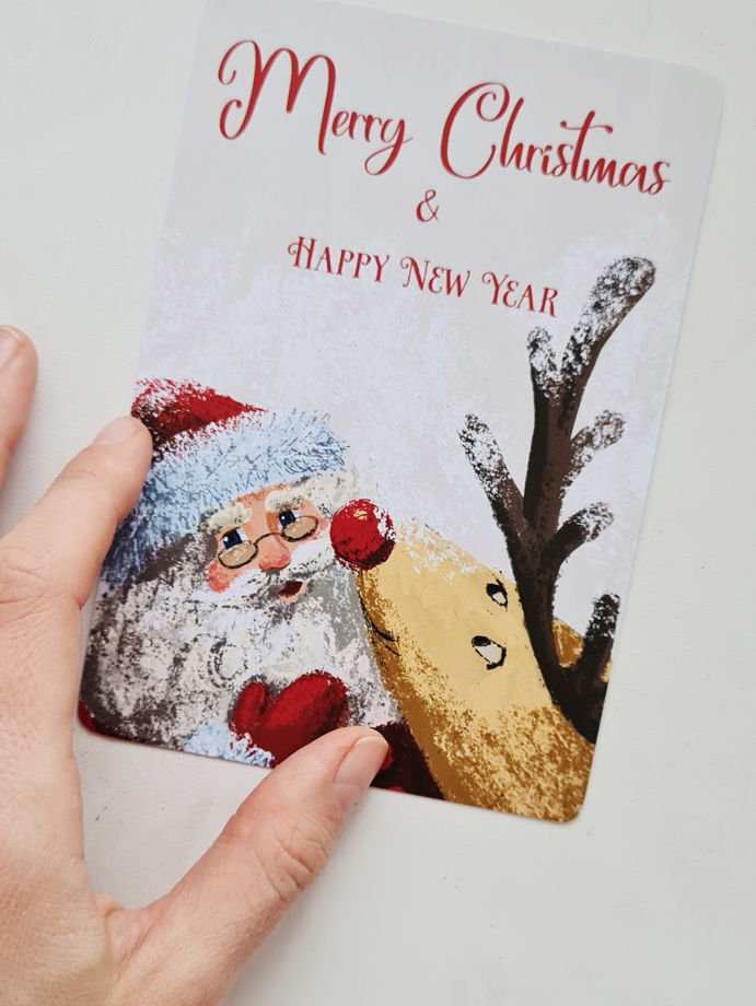 Новогодняя Рождественская открытка Санта и Рудольф