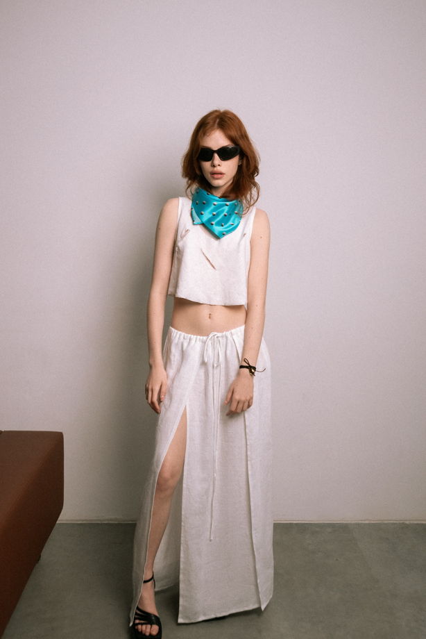 Комплект изо льна «Юбка с опасным вырезом» «топ рваный»