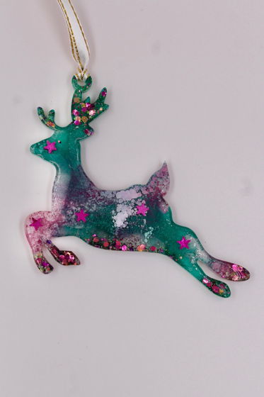 Новогоднее украшение "Космический олень" зеленый с розовыми звездочками