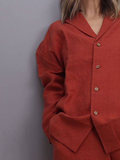 Льняной жакет в пижамном стиле из умягченного льна медного цвета размера M