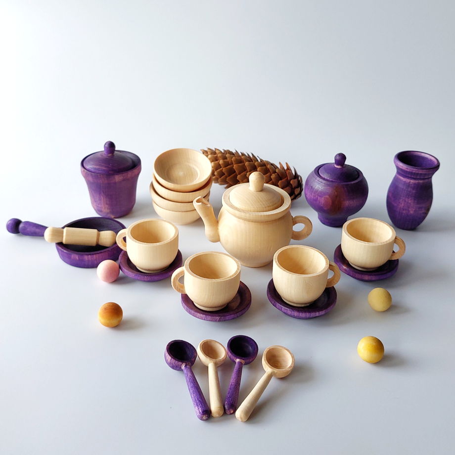 Чайный набор посуды Баклажаник (Деревянная детская посудка Чайный набор сервиз)