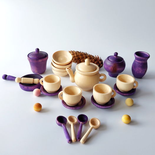 Чайный набор посуды Баклажаник (Деревянная детская посудка Чайный набор сервиз)
