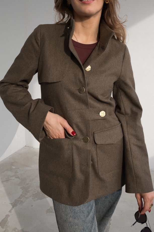 Фланелевое полупальто "ТРИНИТИ" цвета тауп хаки с вышивкой