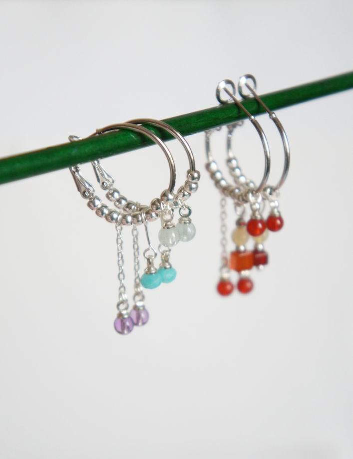 Серьги кольца конго аквамарин амазонит аметист с цепочками