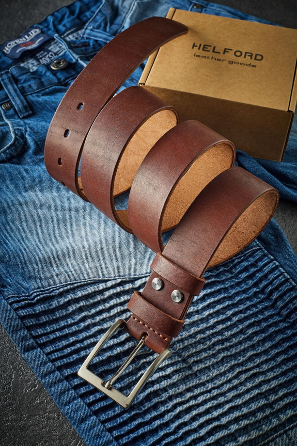 Ремень кожаный мужской цвет коньяк ручной работы HELFORD Jeans