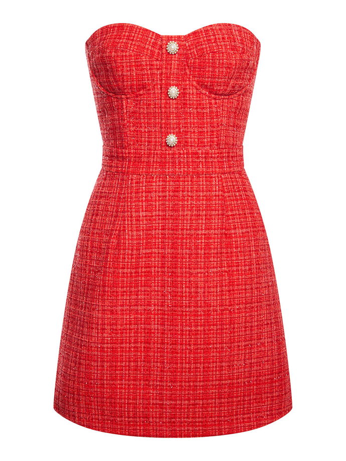 Вечернее платье-бандо мини из твида с люрексом