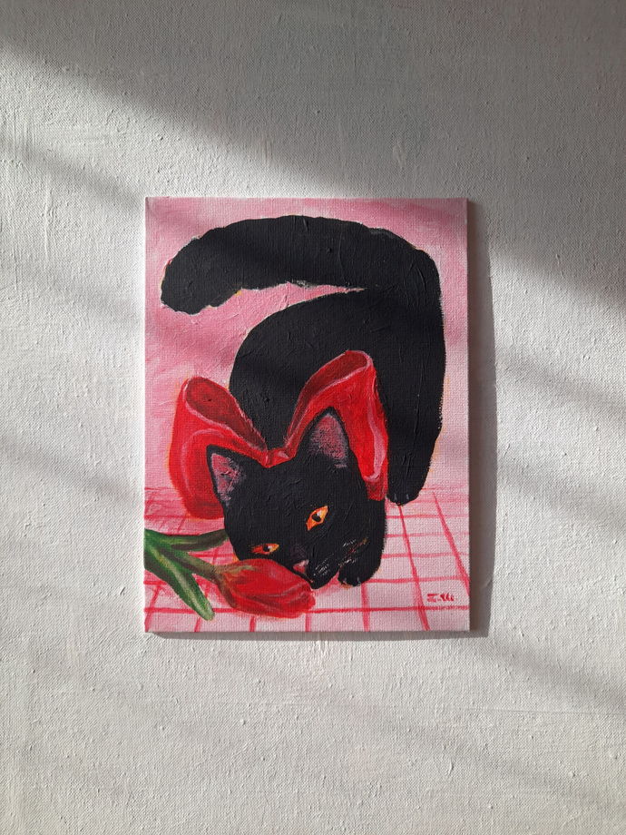 Картина "Котик и тюльпан"