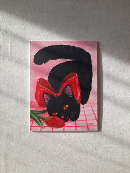 Картина "Котик и тюльпан"