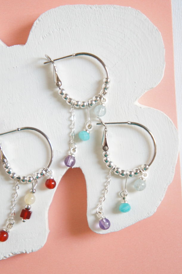 Серьги кольца конго аквамарин амазонит аметист с цепочками