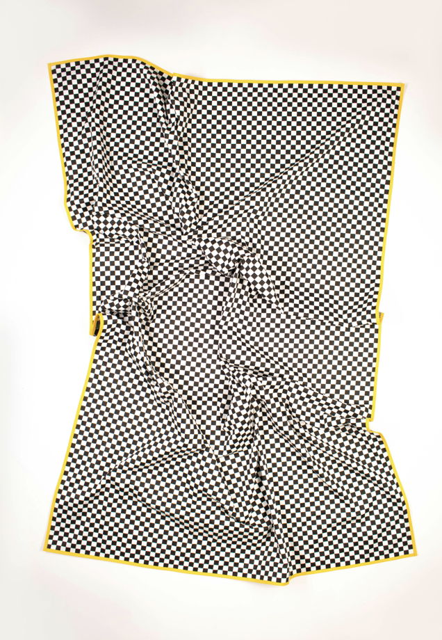 Плед летний двусторонний из орнаментального африканского хлопка и сатина в черно-белую шашечку с желтым кантом № 11 ABWYG