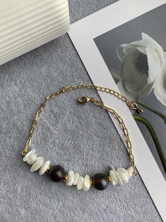 Браслет с перламутром и агатом Ботсвана «Туманныы мост»