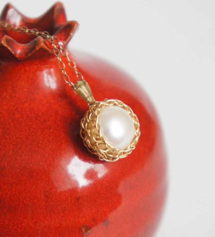 Золотая цепочка голдфилд и золотой плетёный кулон жемчуг wire wrapped винтаж