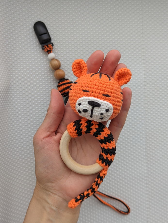 Комплект для малышей, мягкая погремушка с держателем для пустышки тигр