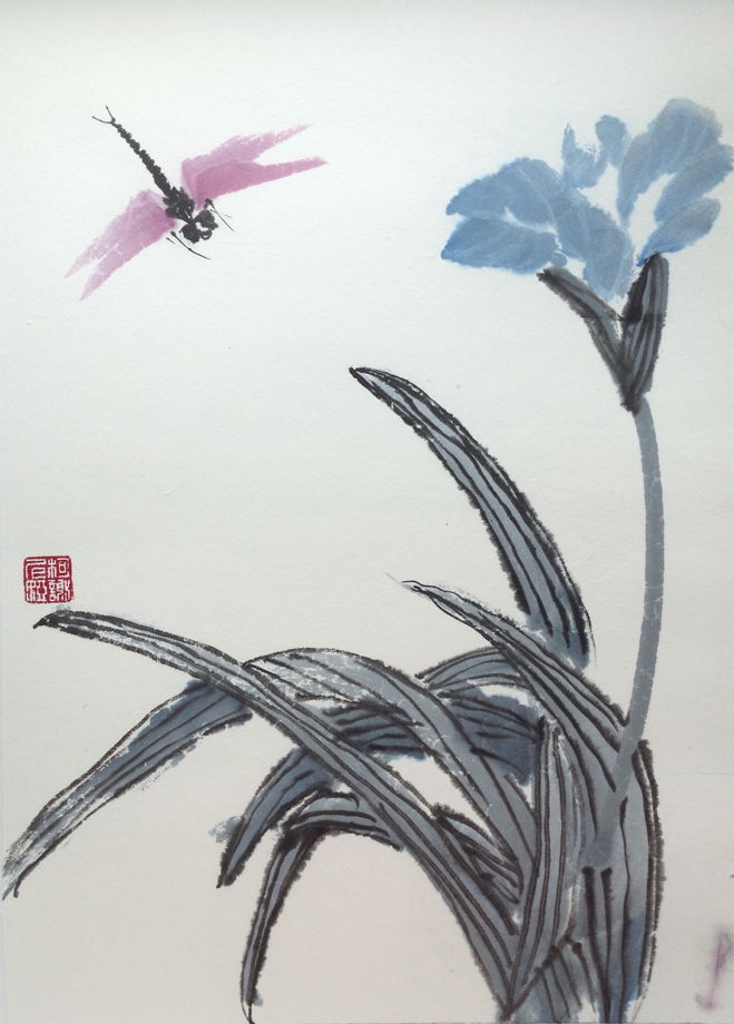 Полет стрекозы над ирисом, картина в традиционном китайском стиле се-и   (35 * 49 см)