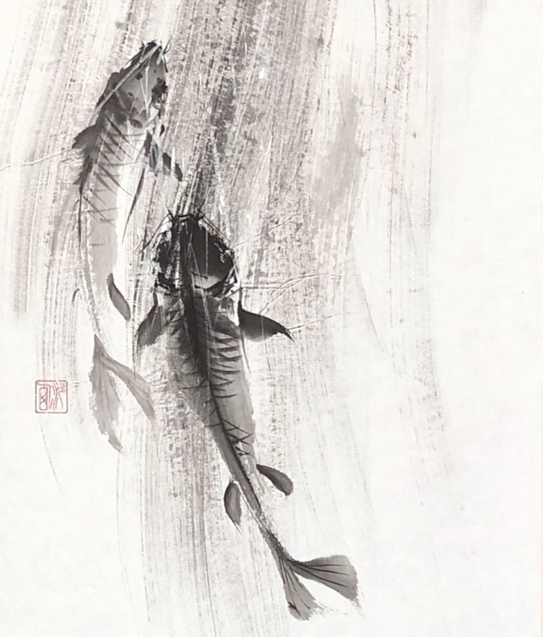 "Вверх по течению", картина в стиле японской живописи тушью, шелковый свиток (110x50 см)