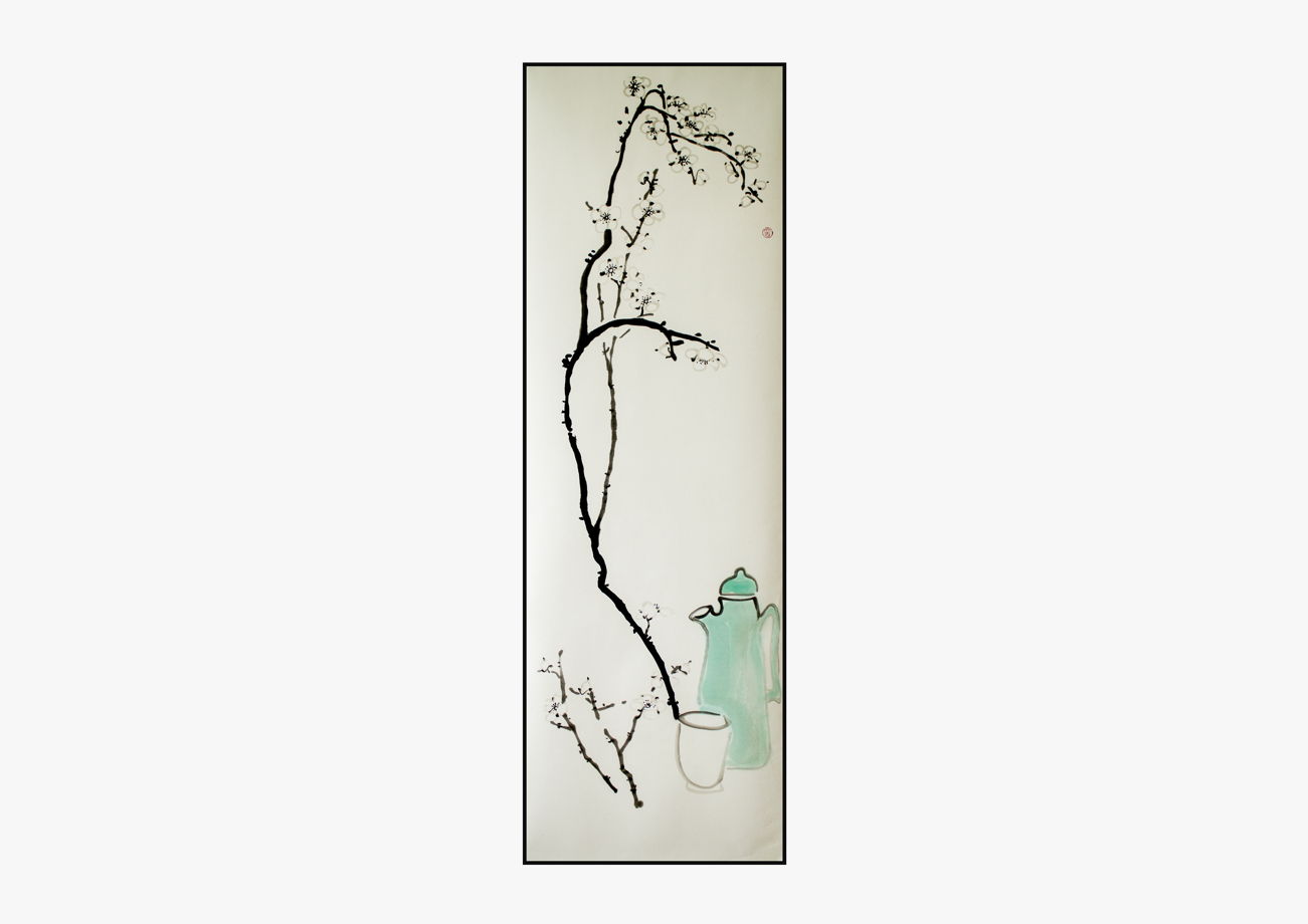 "Чаша с чаем под цветущей сливой", картина-свиток в традиционном китайском стиле се-и   (34 * 106 см)
