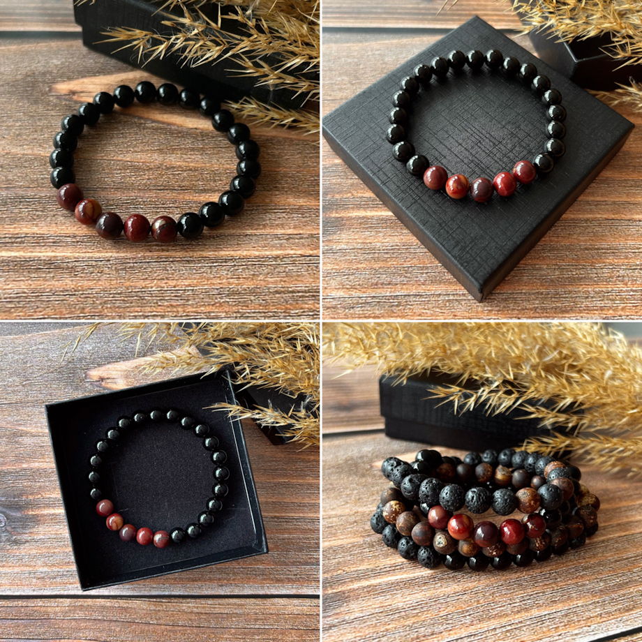 Браслет из бусин вулканической лавы, агата и яшмы