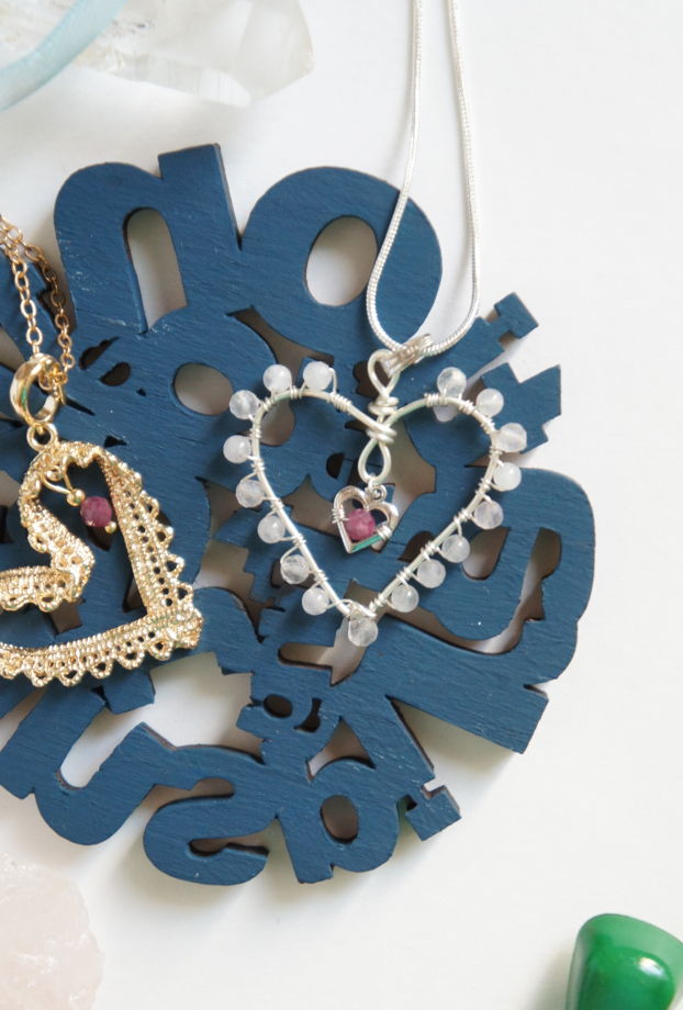 Кулон сердце в сердце плетеный с розовым кварцем и рубином