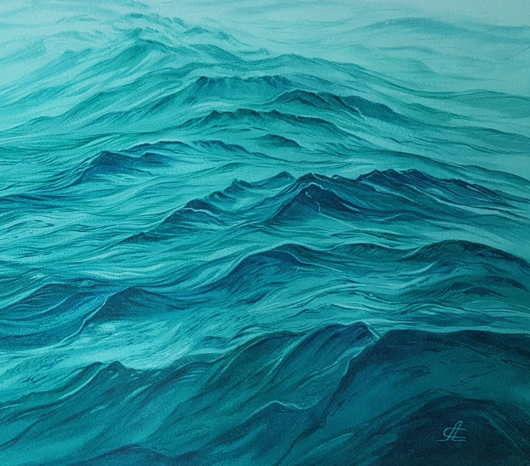 Акварельная картина "Предрассветный туман над океаном" (56 х 35,5 см)