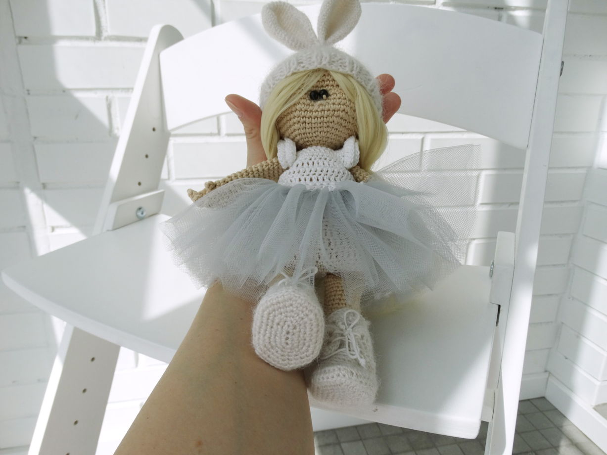 Мягкая вязаная  кукла в костюме зайчика. Авторская кукла ручной работы