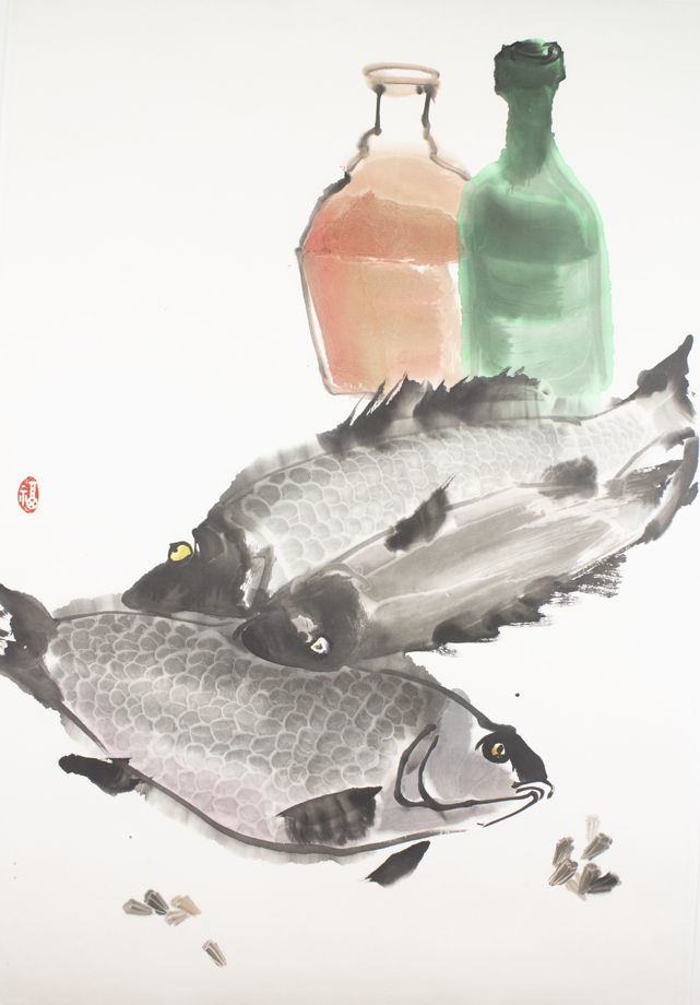 "Пьяные рыбы", картина в традиционном китайском стиле се-и (69 * 46 см)