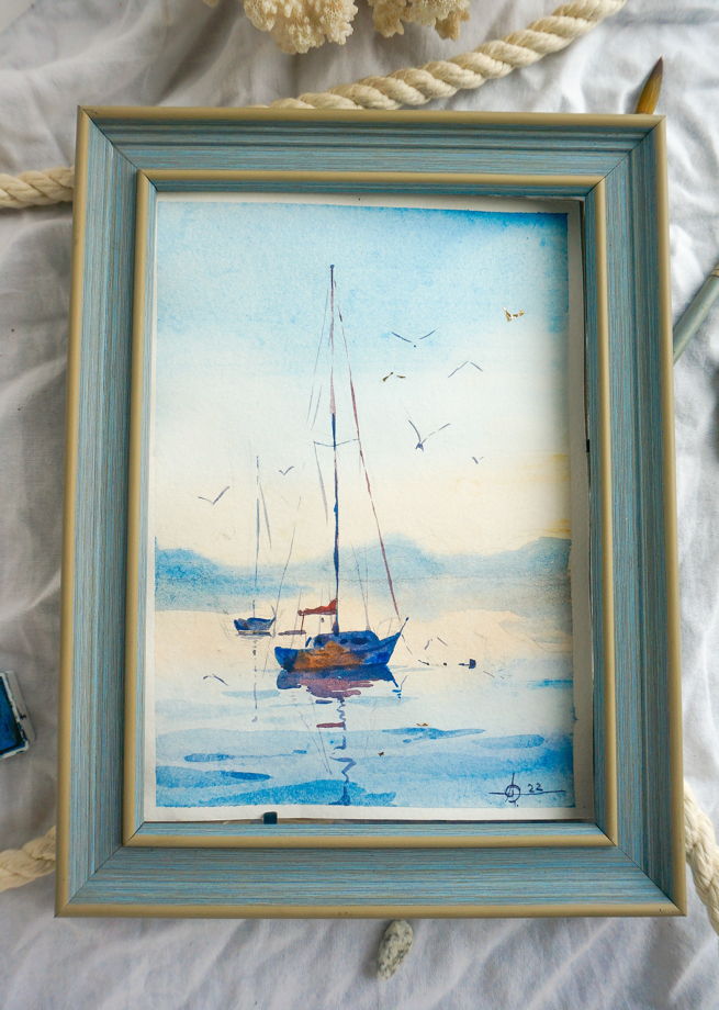 Картина "Рассвет на море" (15х20 см) Акварель