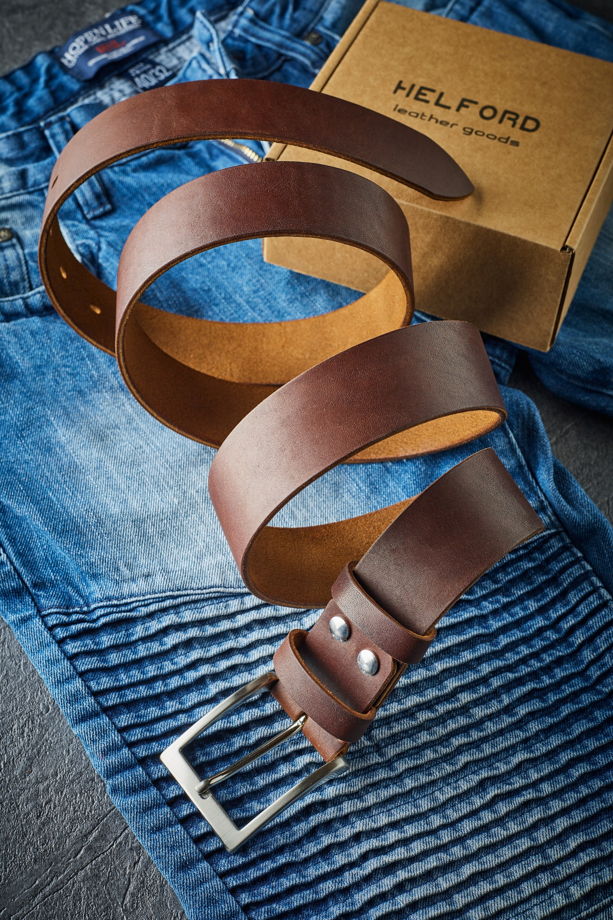 Ремень кожаный мужской ручной работы цвет орех  HELFORD Jeans