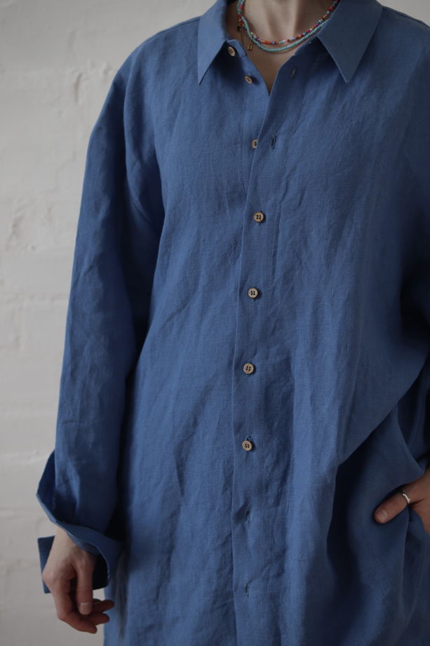 Льняная рубашка из умягченного льна синего цвета размера L-XL