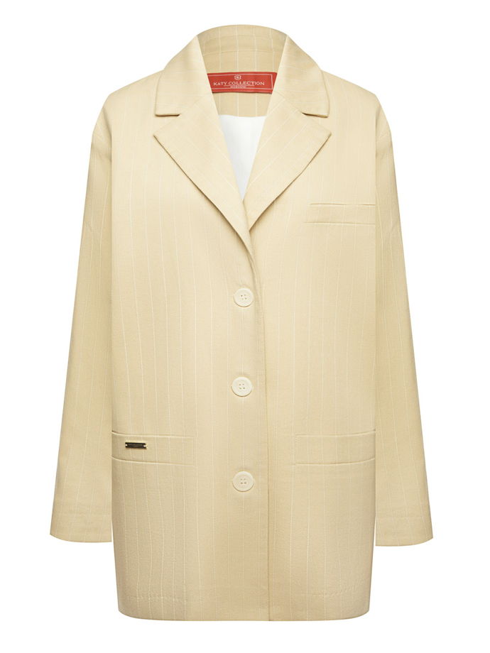 Летний прямой однобортный жакет из хлопка в полоску