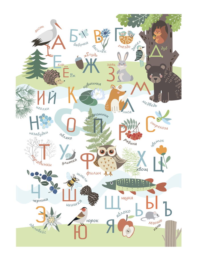 Постер Лесной Алфавит и Цифры на плотной матовой бумаге