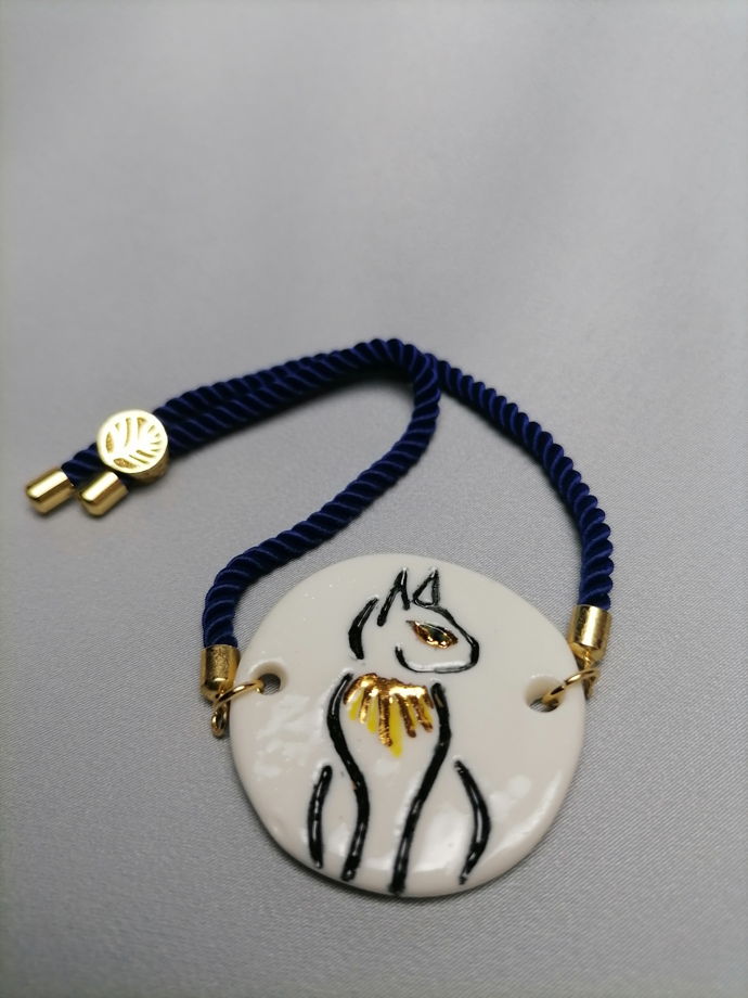 Браслет Bastet (Бастет) круглый на цепочке со стопером (фарфор+золото)