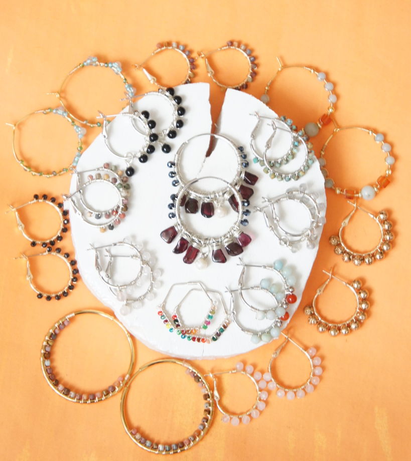 Серьги кольца конго плетеные wire wrapped из проволоки серебро гранат жемчуг