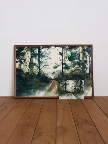 Акварельная картина "Дорога в лесу", репродукция