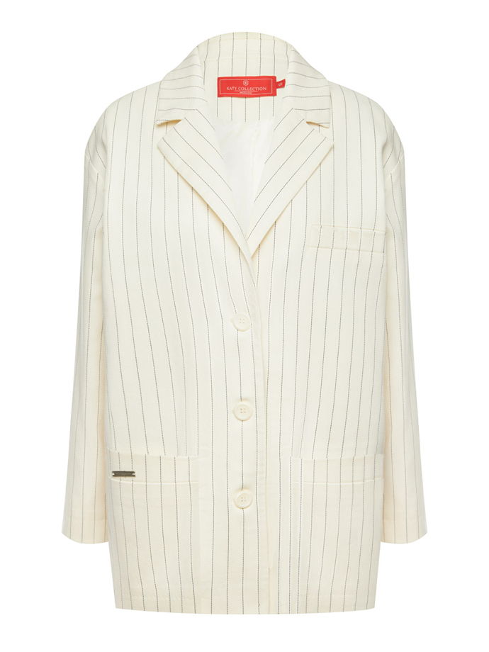 Летний прямой однобортный жакет из хлопка в полоску