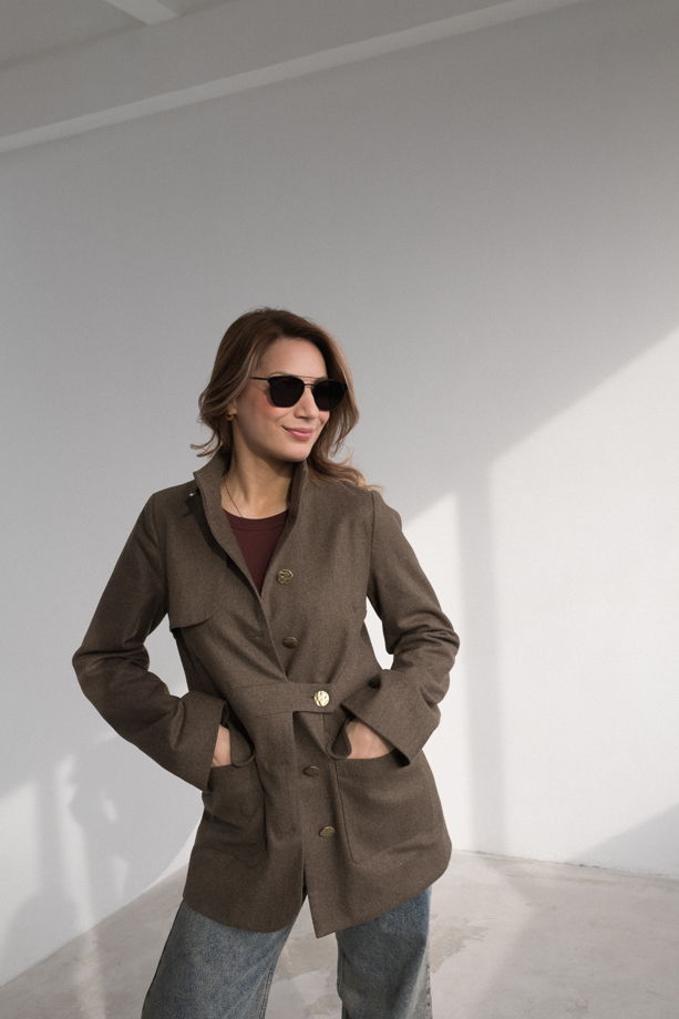 Фланелевое полупальто "ТРИНИТИ" цвета тауп хаки с вышивкой