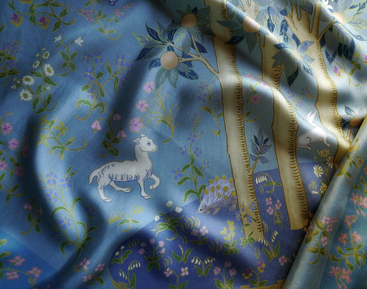 Шелковый платок "Райский Сад" голубой