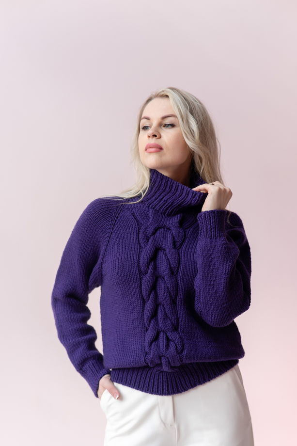 Фиолетовый свитер с косой из 100% мериносовой шерсти