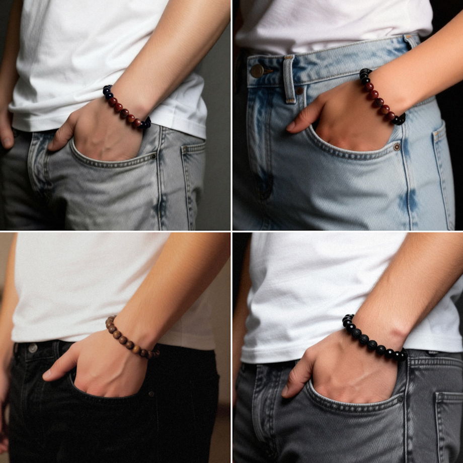 Браслет из бусин вулканической лавы, агата и яшмы