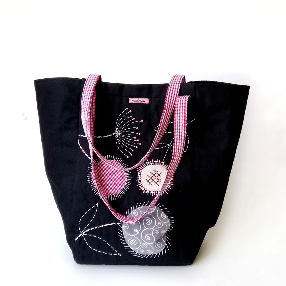 Большая черная женская текстильная сумка-тоут ручной работы с аппликацией и вышивкой