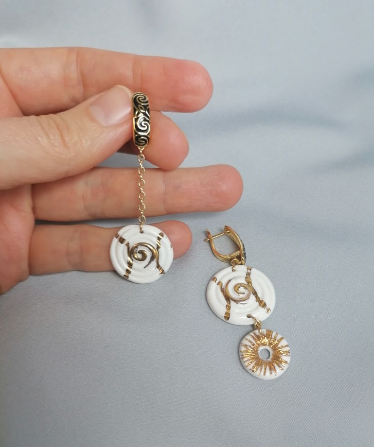 Серьги висюли с подвесками Азия-пончик (эмаль)