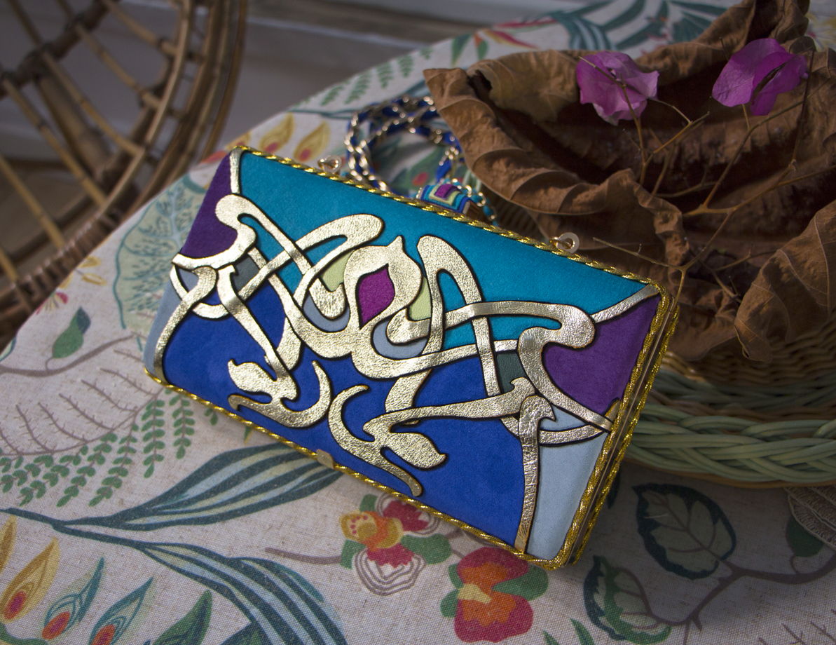 Клатч из натуральной кожи сине-бирюзовый с золотым узором в стиле Модерн