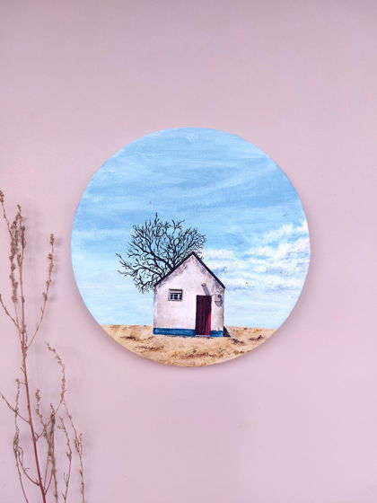 Картина на холсте одинокий дом, акрил, диаметр 20 см